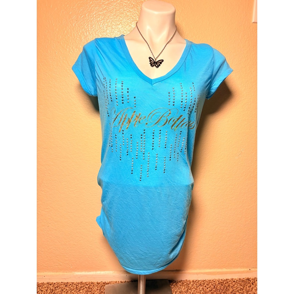 Y2K Apple Bottoms Blue V-Neck T-Shirt Gold Logo Rhinestone Top Womens Medium #5
